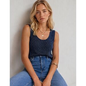 Christine Phillipe Navy Blue Metallic Beaded Ribbed Knit Scoop Neck Tank Top M
